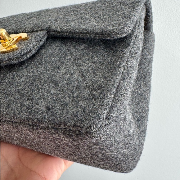 Chanel Vintage Grey Wool Mini Square Flap 24k Gold Plated Hardware - Picture 3 of 16